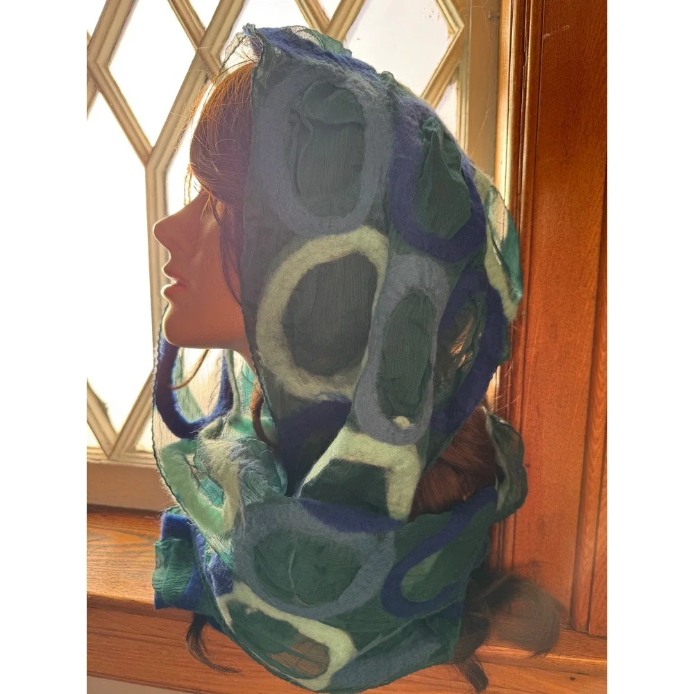 Handmade‎ Merino Wool Silk Scarf Wrap Shawl Teal Blue Nepal Fair Trade